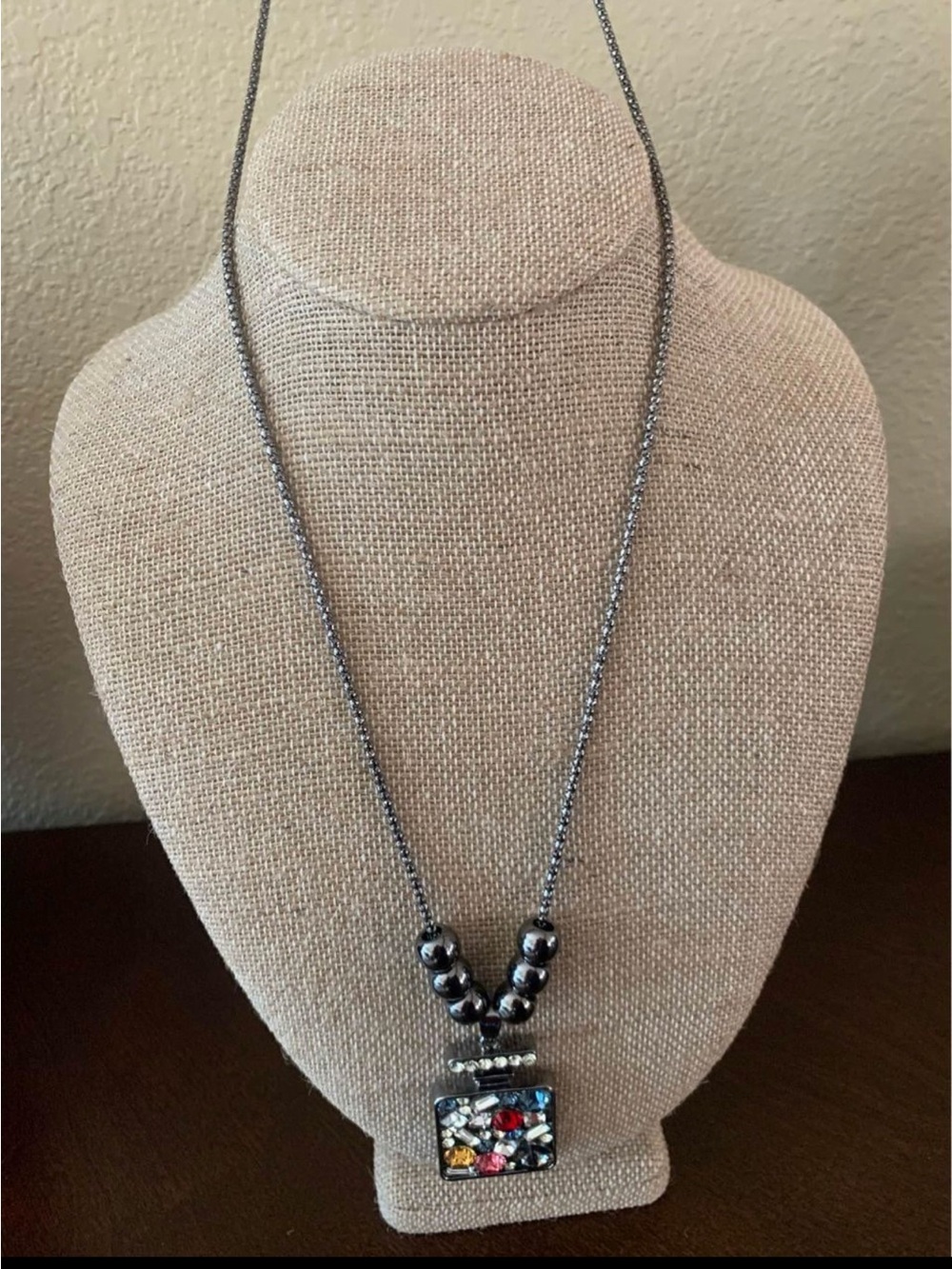 Women’s Hematite Beaded Pendant Necklace with Multi-Color Crystal Accent - Picture 1 of 1
